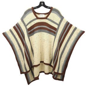 Beldoch Popper Wool Blend Poncho S Shawl Cape Striped Beige Blue Gray Vintage